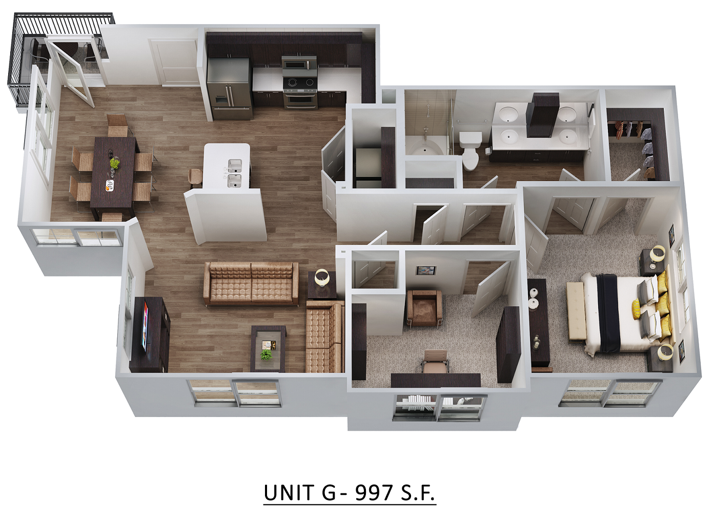 Floor plan for 1 bed, 1 bath, 997 sqft